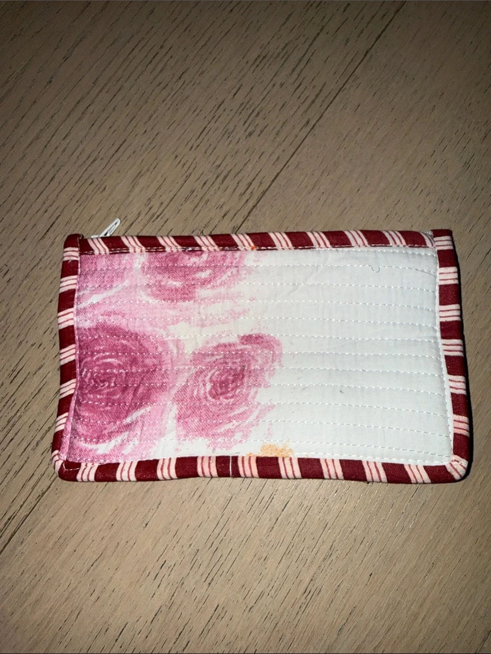 New & Handmade - Striped Red and White Women's Zip Pouch - Floral Lined